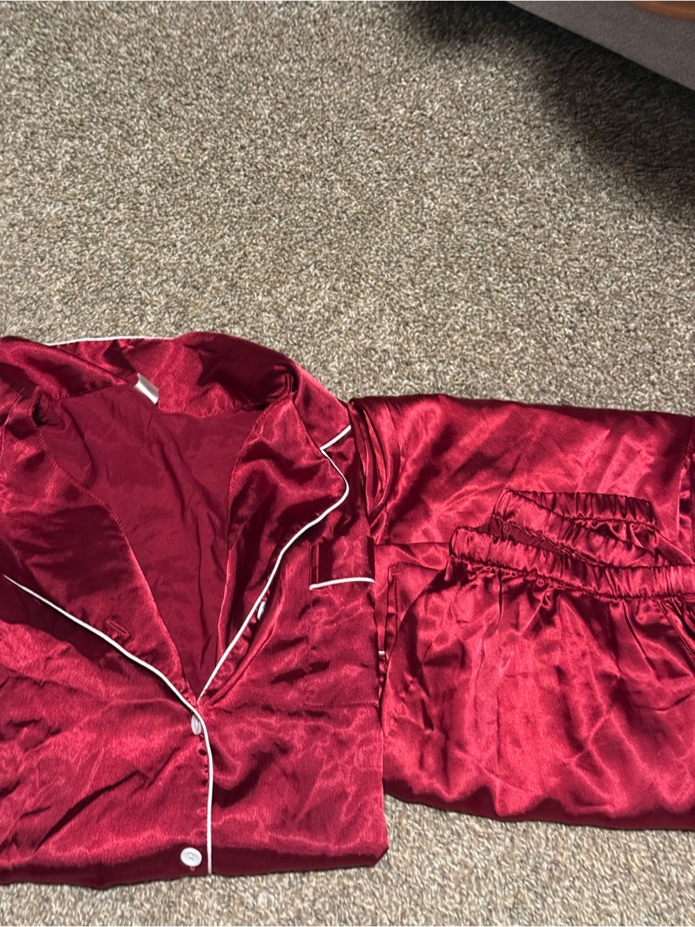 Silk-Look Satin Pajama Set in Deep Burgundy comes with SHORTS, PANTS, TOP